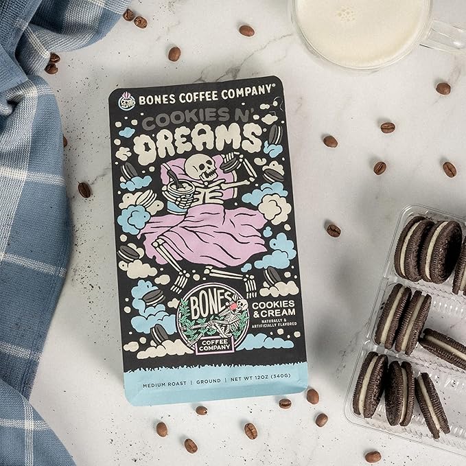 Bones Coffee Company Cookies 'N Dreams Cookies and Cream Flavored Coffee, Medium Roast Low Acid