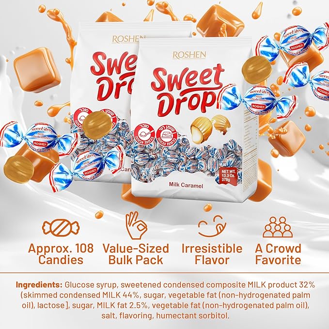 Roshen Caramel Candy Sweet Drop with Milky Filling, Delicious, Flavorful Sweets 378gr/13.33oz Pack