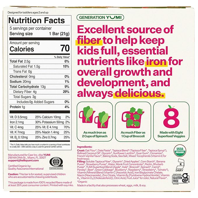 Yumi Organic Toddler Snacks Bars - Gluten-Free, No Added Sugar, 7+ Vegetables, Soft-Baked Crust