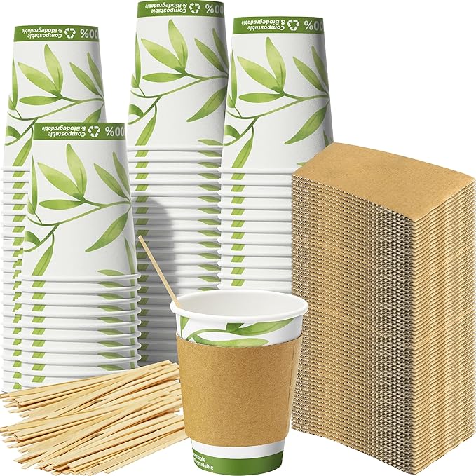 Recyclable Biodegradable Hot Drink Cups 12 Oz 100 Pk of Compostable Paper Mugs, Wood Stirrers and