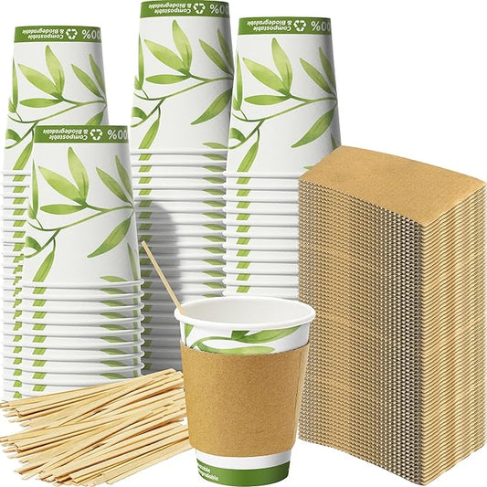 Recyclable Biodegradable Hot Drink Cups 12 Oz 100 Pk of Compostable Paper Mugs, Wood Stirrers and