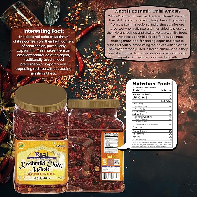 Rani Kashmiri Chilli Whole (Deggi Mirch, Low Heat) 9oz (255g) PET Jar ~ Natural | Salt-Free | Vegan