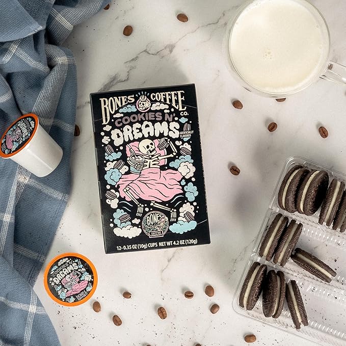 Bones Coffee Company Cookies 'N Dreams, Cookie and Cream Flavored Coffee Pods, Low Acid Medium
