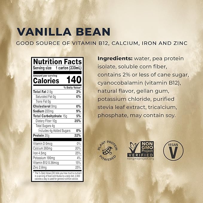 Evolve Plant Based Protein Shake, Vanilla Bean, 20g Vegan Protein, Dairy Free, No Artificial