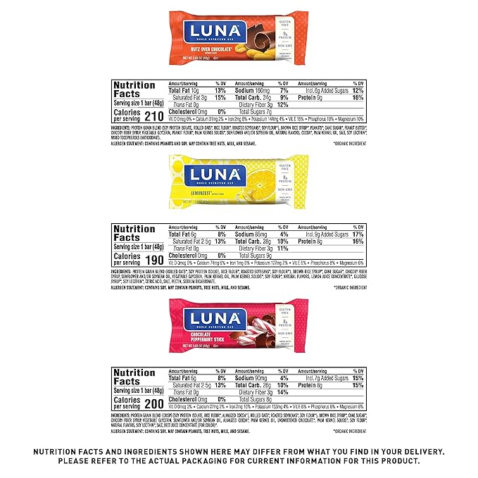 LUNA Bar - Variety Pack - 6 Flavors - Snack Bars - Non-GMO - Gluten-Free Protein Bars - Made with