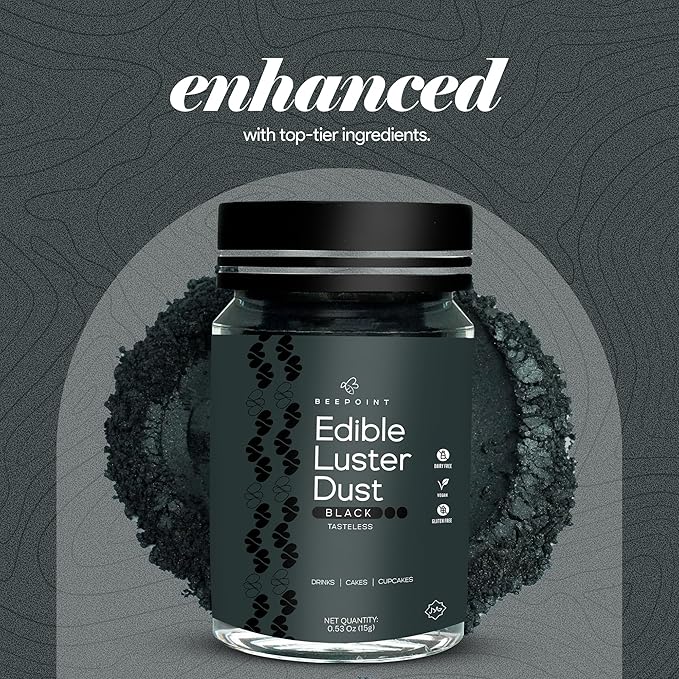 BeePoint Black Edible Luster Dust 15g - Food Grade, Vibrant Color Shimmer Powdered Dust for Drinks