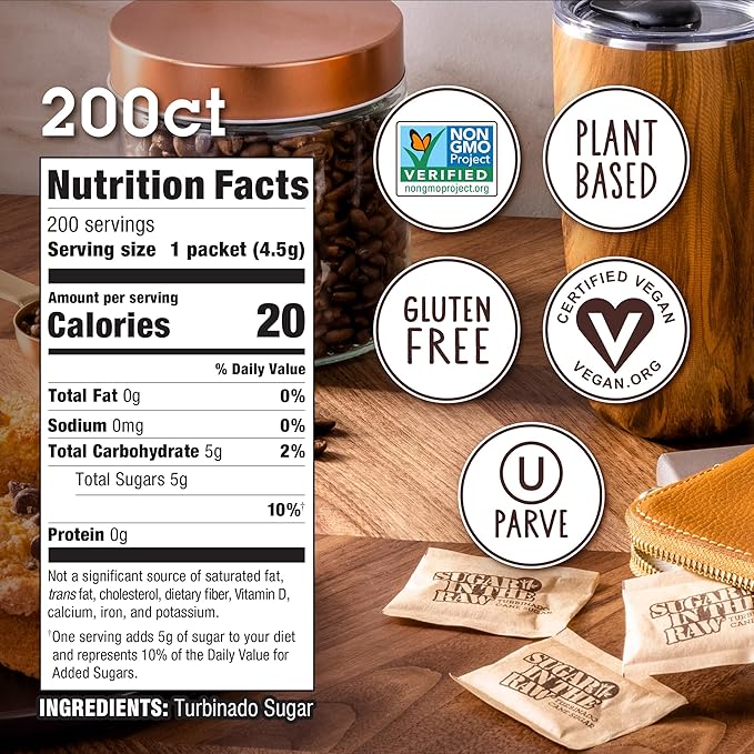 Sugar In The Raw Turbinado Cane Sugar Packets, 200 Ct Box, 1 Pack, Pure, All-Natural Turbinado