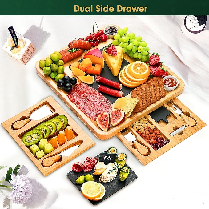 Easoger Large Bamboo Charcuterie Boards, Cheese Platter with 2 Drawers, Serving Knife, 2 Ceramic
