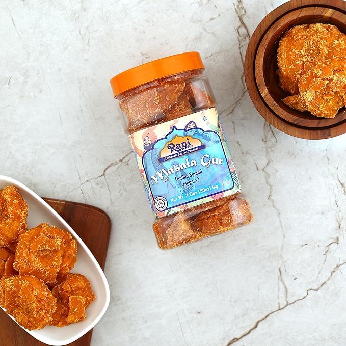 Rani Masala Gur (Jaggery) Indian Unrefined Raw Cane Sugar 35oz (2.2lbs) 1kg PET Jar ~ Gluten