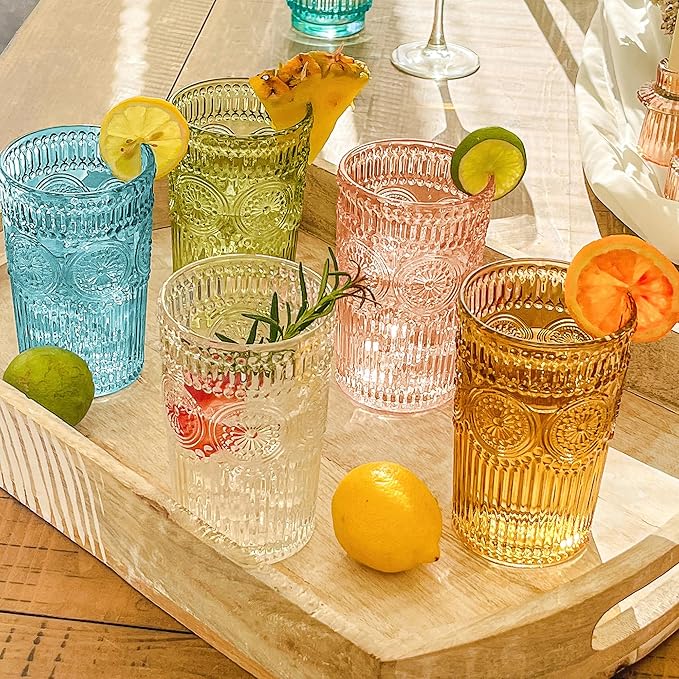Kate Aspen Vintage Textured Aqua Blue Striped Drinking Glasses, Set of 6 (13oz)