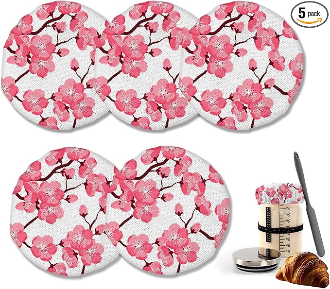 Sourdough Starter Jar Cloth Covers, Japanese Cherry Blossom Gifts for Women Baker 5 Pack Kit
