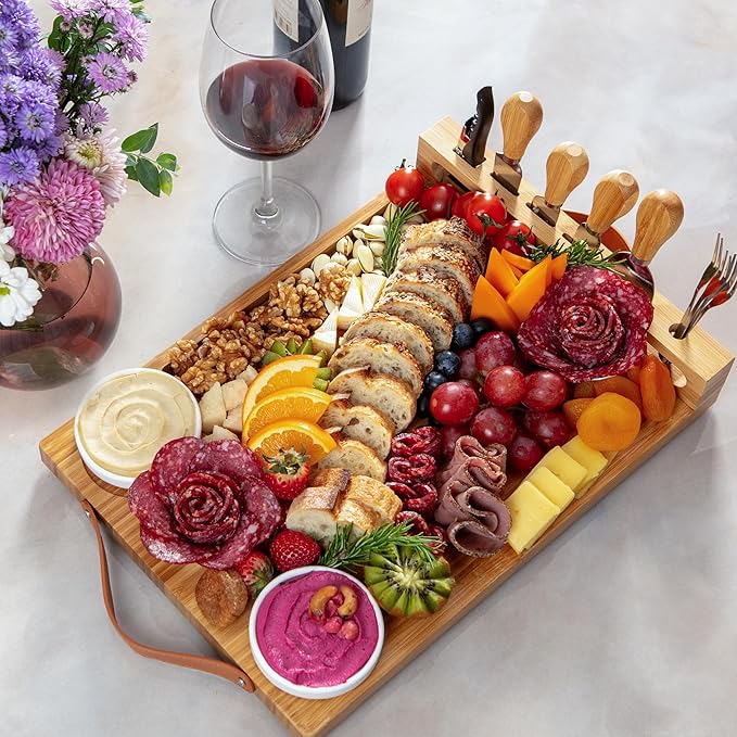 Bamboo Charcuterie Boards Gift Set with Leather Handles, Knife Set, Wine Opener, Ceramic Bowls &