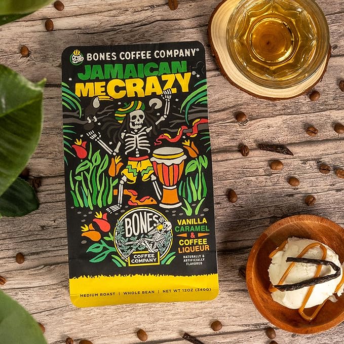 Bones Coffee Company Jamaican Me Crazy, Vanilla Caramel Flavored Coffee, Medium Roast Low Acid