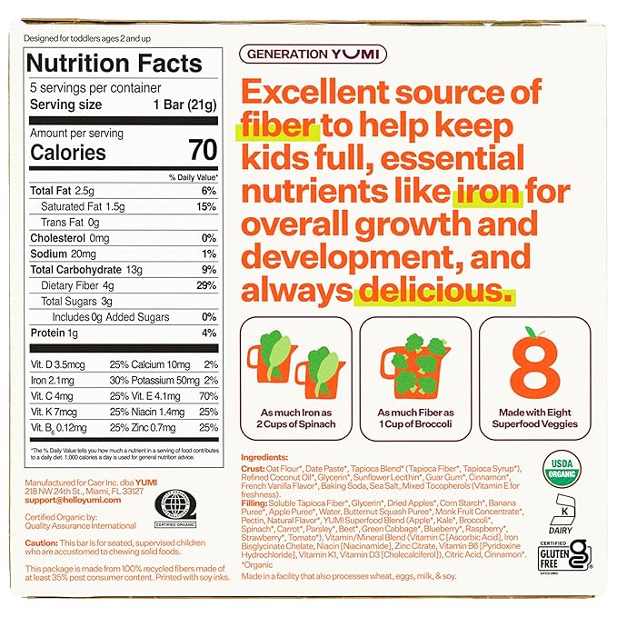 Yumi Organic Toddler Snacks Bars - Gluten-Free, No Added Sugar, 7+ Vegetables, Soft-Baked Crust