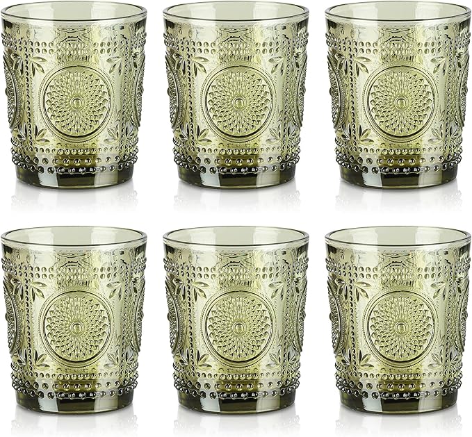 Joeyan Green Vintage Drinking Glasses,Embossed Small Sunflower Water Glass Tumbler,11oz Colored
