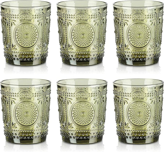 Joeyan Green Vintage Drinking Glasses,Embossed Small Sunflower Water Glass Tumbler,11oz Colored