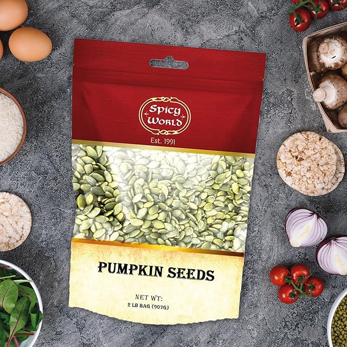 Raw Pumpkin Seeds 2 LB Bag - Shelled, AAA Grade, Unsalted, Dry, Vegan, Bulk Bag by Spicy World
