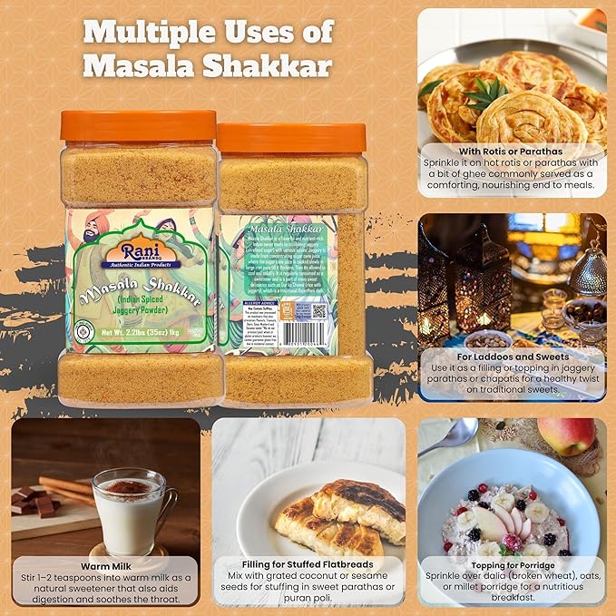 Rani Masala Shakkar (Indian Spiced Jaggery Powder) Unrefined Raw Cane Sugar 35oz (2.2lbs) 1kg PET