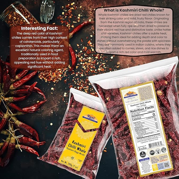 Rani Kashmiri Chilli Whole (Deggi Mirch, Low Heat) 7oz (200g) ~ Natural | Salt-Free | Vegan | No