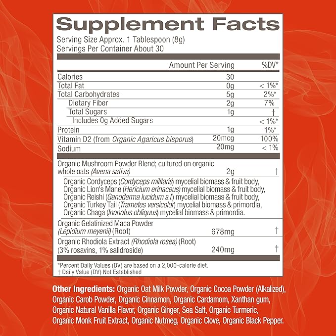 OM MUSHROOM SUPERFOOD Morning Energy Blend Mushroom Powder Drink, 8.47 Ounce Canister, Coffee Free