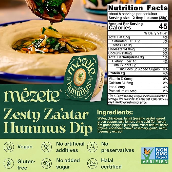 Mezete Authentic Middle Eastern Hummus | Zesty Za'atar(Thyme) | All-Natural | On the Go Spread &