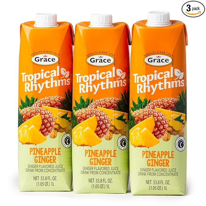 Grace Tropical Rhythms Ginger and Pineapple Juice 1 Liter (33.8oz) - 3 Cartons - Jamaican Fruit