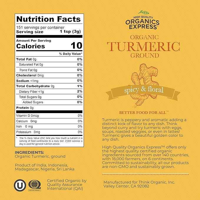 HQOExpress - USDA Certified Organic- Non GMO - Ground Turmeric Spice Powder Seasoning For Cooking