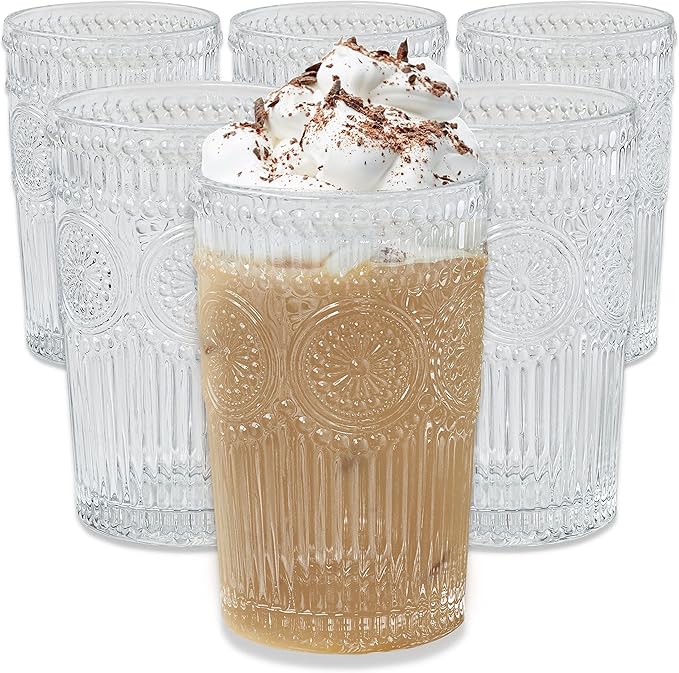 Kate Aspen Vintage Textured Clear Striped Drinking Glasses Set of 6, (13 oz) Ribbed Glassware Set