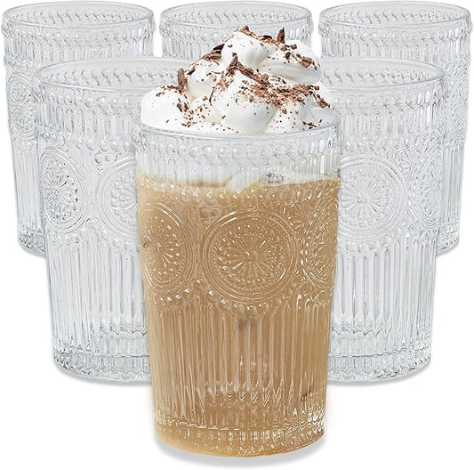 Kate Aspen Vintage Textured Clear Striped Drinking Glasses Set of 6, (13 oz) Ribbed Glassware Set
