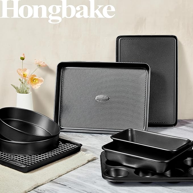 HONGBAKE 9-Piece Baking Pans Set Nonstick, Stackable Non Toxic Bakeware Sets with Diamond Texture