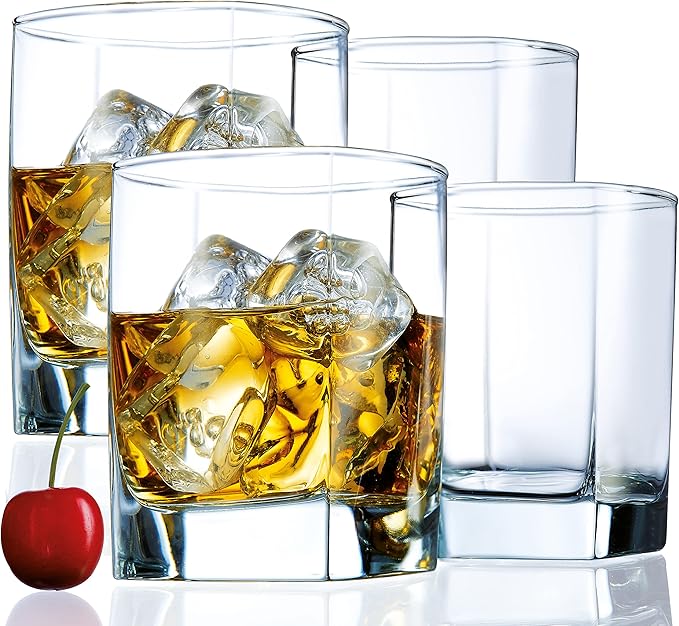 Square Drinking Whiskey Glasses Set of 4, Old Fashioned Glass Cup Bar Set, Stemless Everyday Rocks