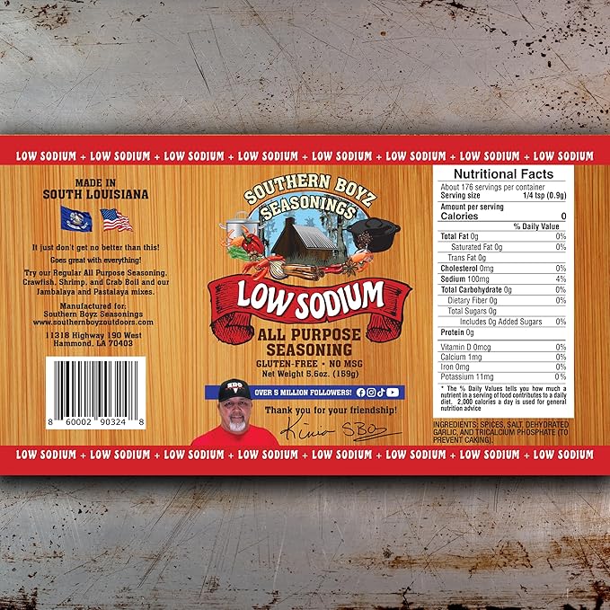 Southern Boyz Low Sodium All Purpose Cajun Creole Seasoning, 5.6 Ounce Shaker (No MSG Blend)