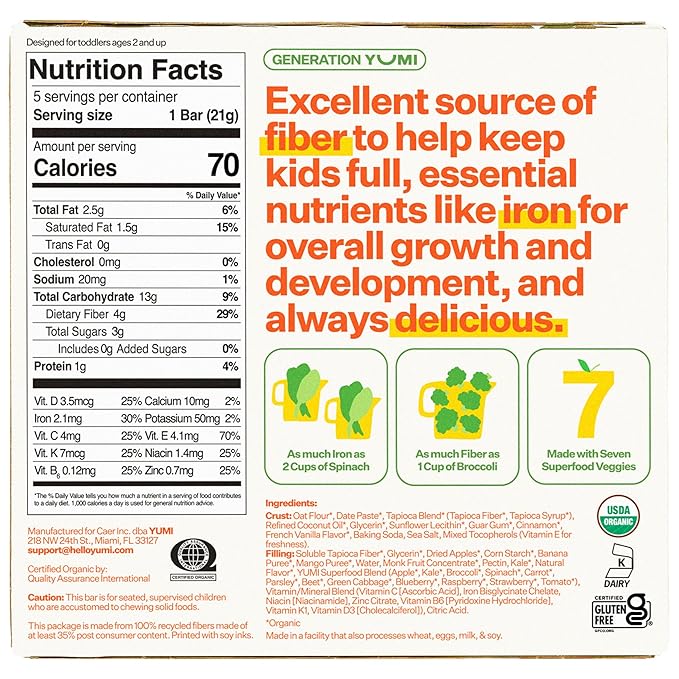 Yumi Organic Toddler Snacks Bars - Gluten-Free, No Added Sugar, 7+ Vegetables, Soft-Baked Crust