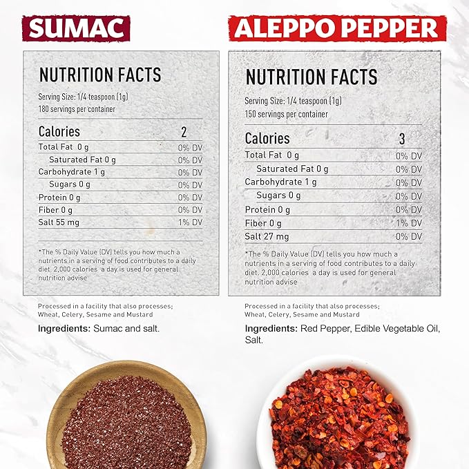 Aleppo Pepper and Sumac, Aleppo Pepper Flakes 5.3oz, Sumac Spice 6.4oz, Spice Set of Pul Biber and
