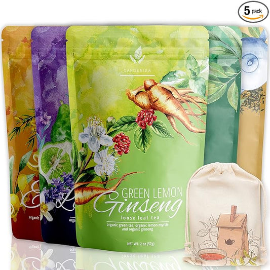 Gardenika Organic Loose Leaf Tea Sampler - Caffeinated - Black and Green Leaves Variety - Kosher