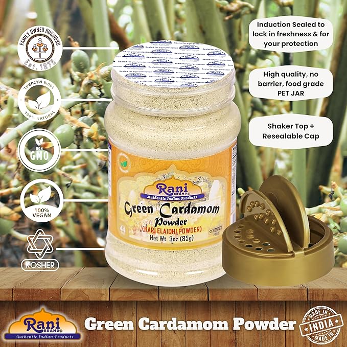 Rani Green Cardamom Pods Powder, Ground with Green Husks (Hari Elachi) 3oz (85g) PET Jar ~ All