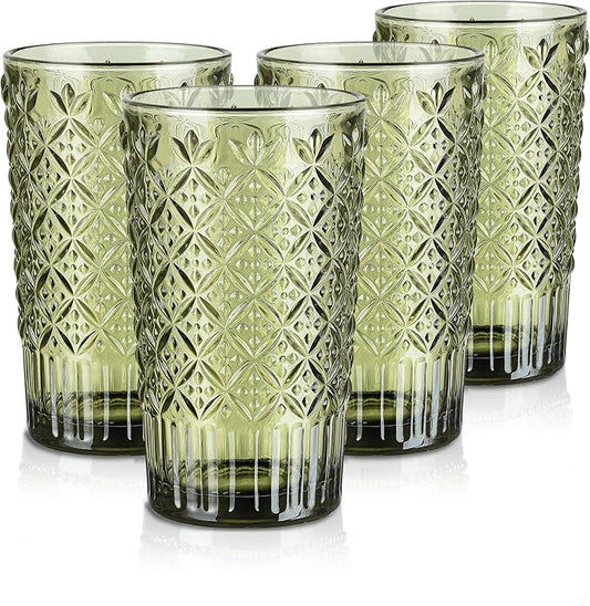 Joeyan Green Vintage Drinking Glasses,Embossed Water Glass Cups,Colored Highball Glass