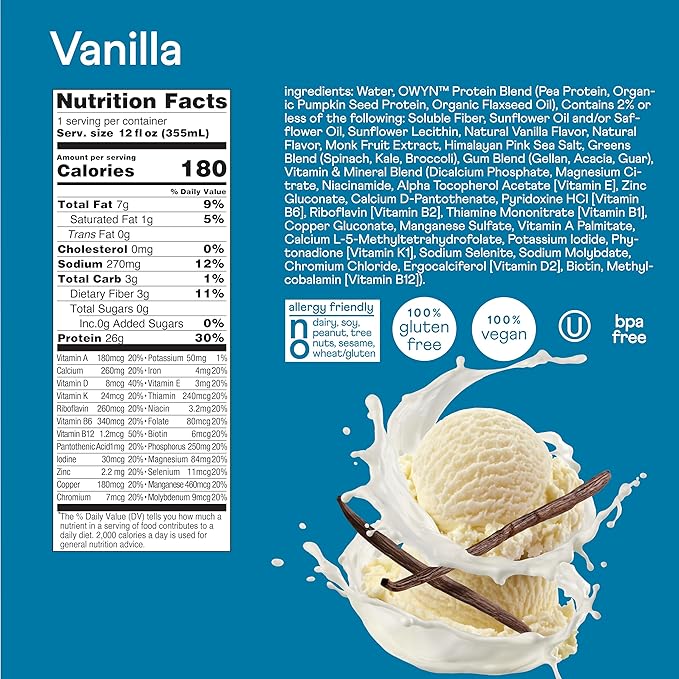 OWYN Only What You Need Protein Shake, High Protein Complete Nutrition Drink, Vanilla, 12 Fl Oz (12