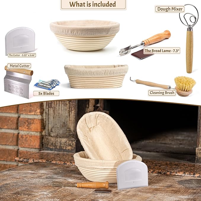 Sourdough Bread Baking Supplies Starter Kit, Banneton Proofing Basket Set: Round 9" & Oval 10"