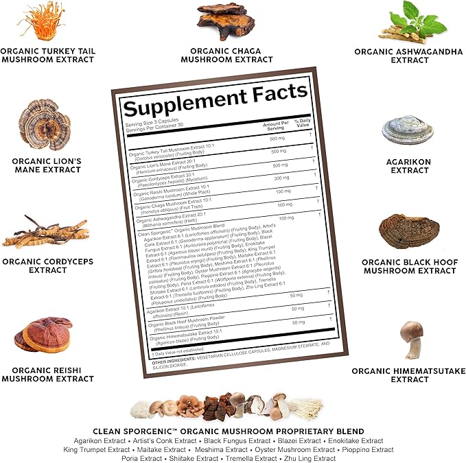 Organic Mushroom Supplement | Ashwagandha Lions Mane Cordyceps Turkey Tail Reishi Mushrooms Maca