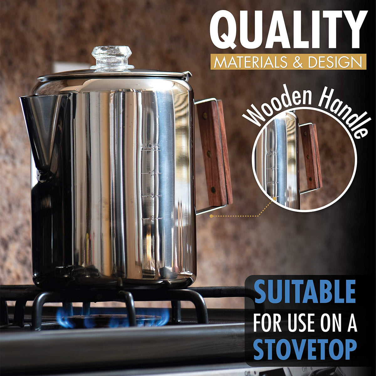 Eurolux Percolator Coffee Maker Pot - 12 Cups | Durable Stainless Steel Material | Brew Coffee On