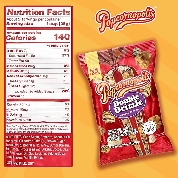 Popcornopolis Double Drizzle 6 ct, 2 oz Case, Caramel and Kettle with Chocolatey Stripes Flavored