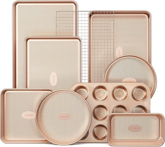HONGBAKE 9-Piece Baking Pans Set Nonstick, Stackable Non Toxic Bakeware Sets with Diamond Texture