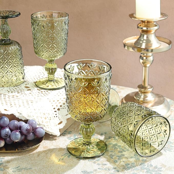 Joeyan Green Vintage Wine Glasses,Water Goblet Glasses,Stemmed Drinking Glasses with Embossed