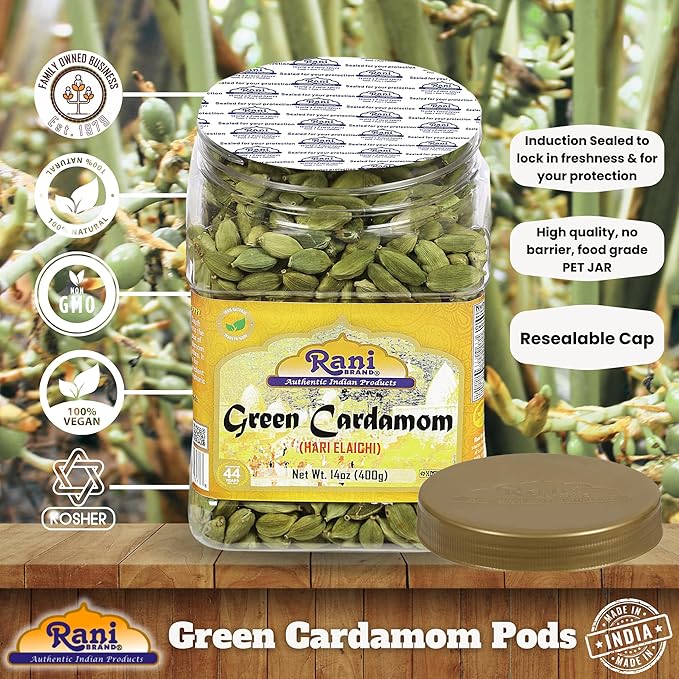 Rani Green Cardamom Pods Spice (Hari Elachi) 14oz (400g) PET Jar ~ All Natural | Vegan | Gluten