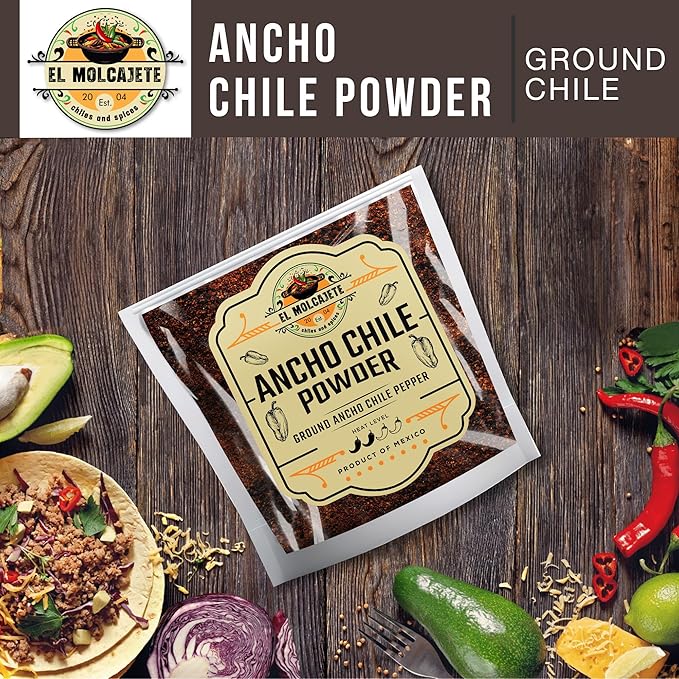 Ancho Chile Powder 4 oz Premium Single Ingredient From Mexico El Molcajete Brand for Sauces, Salsa