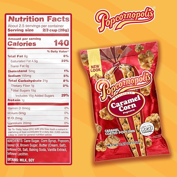 Popcornopolis 12 ct, 2.65 oz Case, Caramel Flavored Indulgent Popcorn