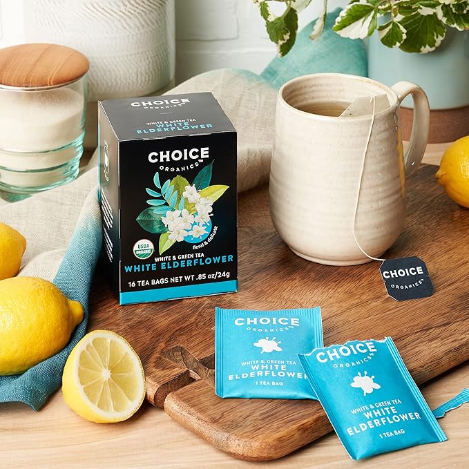 Choice Organic White Elderflower & Green Tea, Caffeinated, 16 Bags (Pack Of 6)