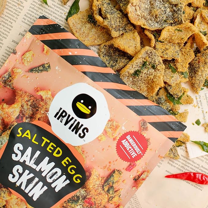 IRVINS Salted Egg Salmon Skin Chips Crisps | Premium Hand Cooked | Halal | High Protein |