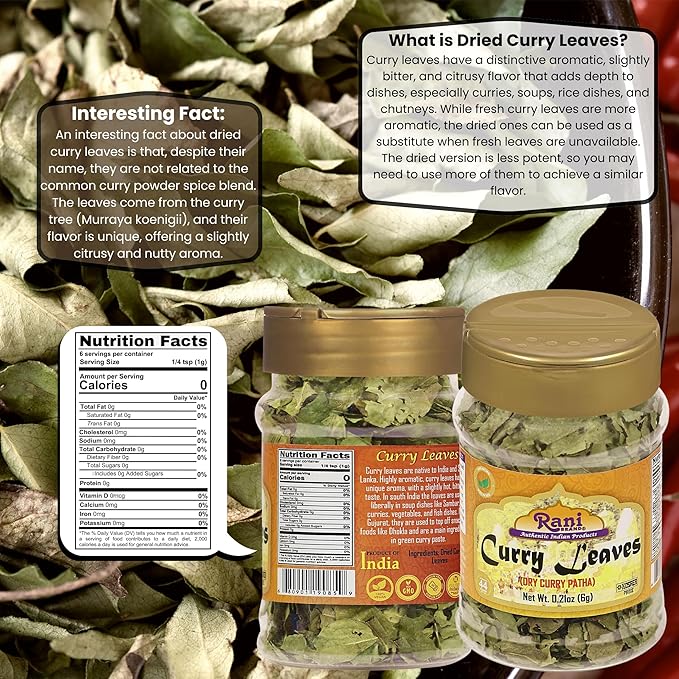 Rani Dried Curry Whole Leaves (Kari Neem Patha) Indian Spice 0.21oz (6g) PET Jar ~ Non-irradiated |